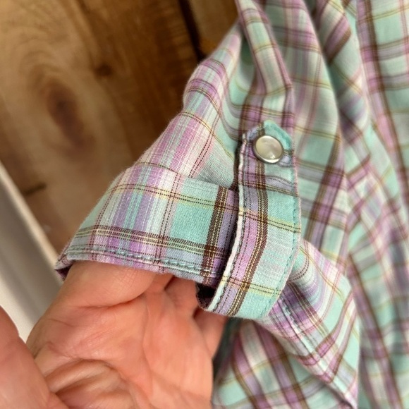 Wrangler Wrancher Pearl Button Snap Light Green Purple Plaid Western Shirt L - Picture 5 of 9